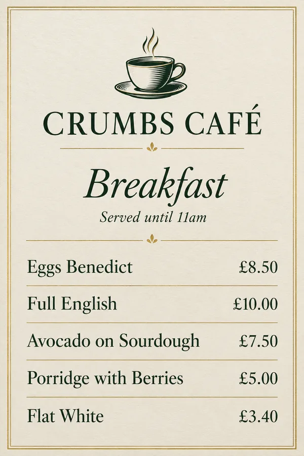 Crumbs Café breakfast menu