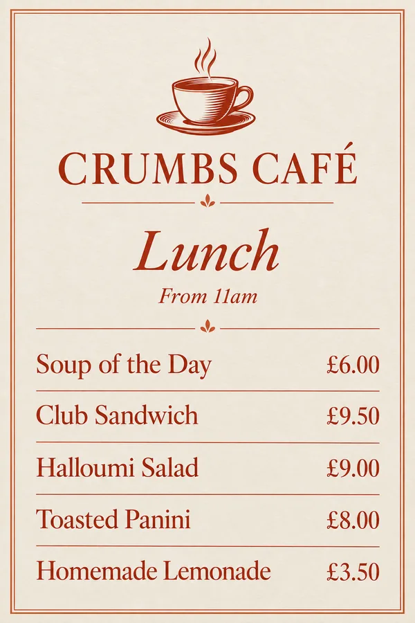 Crumbs Café lunch menu